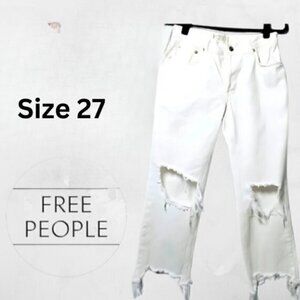 Free People "We The Free" Shark Hem Destroyed Knee Distressed Denim  Optic White
